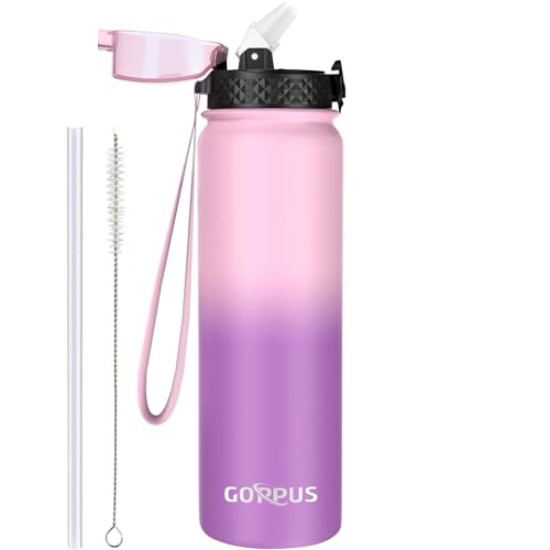 GOPPUS 1L/32oz Thermosflasche mit Strohhalm Doppelschicht Edelstahl Trinkflasche 1 Liter Isolierflasche Auslaufsicher Sport Wasserflasche Kohlensäure Water Bottle Trinkflaschen BPA-frei Wasser Flasche von GOPPUS