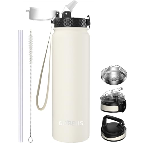 GOPPUS 1L/32oz Thermosflasche mit Strohhalm Doppelschicht Edelstahl Trinkflasche 1 Liter Isolierflasche Auslaufsicher Sport Wasserflasche Kohlensäure Water Bottle Trinkflaschen BPA-frei Wasser Flasche von GOPPUS