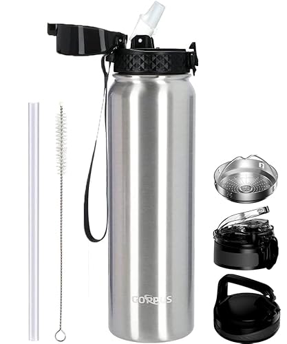 GOPPUS 1L/32oz Thermosflasche mit Strohhalm Doppelschicht Edelstahl Trinkflasche 1 Liter Isolierflasche Auslaufsicher Sport Wasserflasche Kohlensäure Water Bottle Trinkflaschen BPA-frei Wasser Flasche von GOPPUS