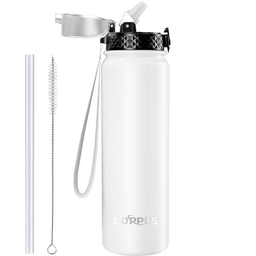 GOPPUS 1L/32oz Thermosflasche mit Strohhalm Doppelschicht Edelstahl Trinkflasche 1 Liter Isolierflasche Auslaufsicher Sport Wasserflasche Kohlensäure Water Bottle Trinkflaschen BPA-frei Wasser Flasche von GOPPUS