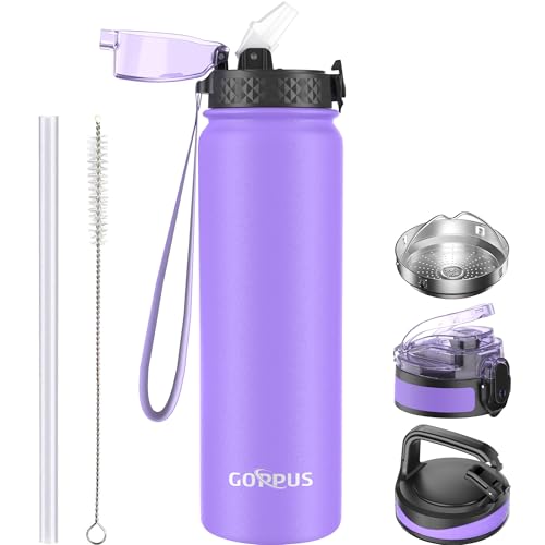 GOPPUS 1L/32oz Thermosflasche mit Strohhalm Doppelschicht Edelstahl Trinkflasche 1 Liter Isolierflasche Auslaufsicher Sport Wasserflasche Kohlensäure Water Bottle Trinkflaschen BPA-frei Wasser Flasche von GOPPUS