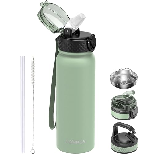 GOPPUS 600ml/20oz Edelstahl Wasserflasche mit Strohhalm Trinkflasche Sport Thermosflasche Auslaufsicher Flasche Water Bottle with Straw Thermoflasche Geeignet BPA-frei Trinkflasche von GOPPUS