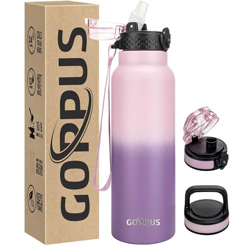 GOPPUS 750ml/24oz Edelstahl-Wasserflasche mit Strohhalm 0,75 Liter Heißwasserflasche Doppelwandige Stahlwasserflaschen Isolierte Wasserflaschen Auslaufsichere Kaltwasserflasche Erwachsene von GOPPUS