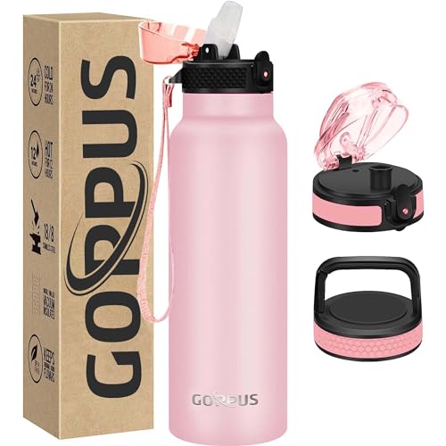 GOPPUS Edelstahl Trinkflasche-750ml mit Strohhalm & 3 Deckel,BPA frei, Kohlensäure Geeignet, Thermoskanne Vakuum Doppelwandisolierung für Sport, Reisen, Camping von GOPPUS