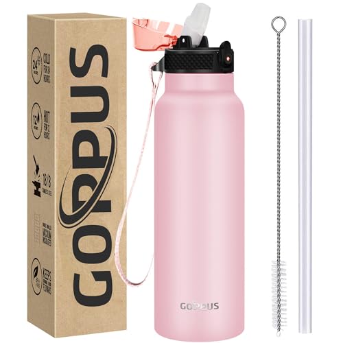 GOPPUS 750ml/24oz Edelstahl-Wasserflasche mit Strohhalm 0,75 Liter Heißwasserflasche Doppelwandige Stahlwasserflaschen Isolierte Wasserflaschen Auslaufsichere Kaltwasserflasche Erwachsene von GOPPUS