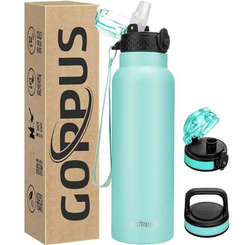 GOPPUS Edelstahl Trinkflasche-750ml mit Strohhalm & 3 Deckel,BPA frei, Kohlensäure Geeignet, Thermoskanne Vakuum Doppelwandisolierung für Sport, Reisen, Camping von GOPPUS