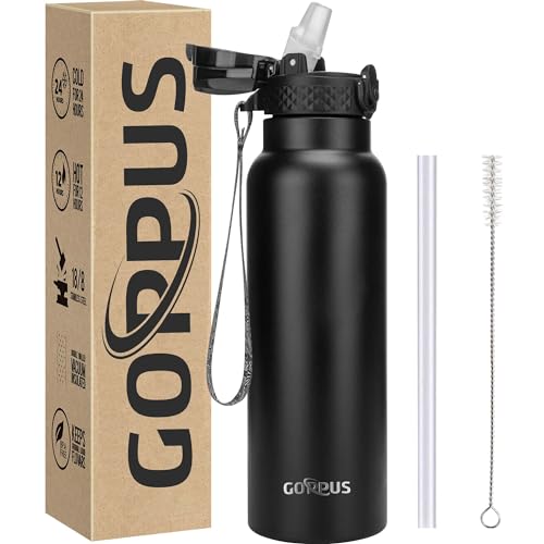 GOPPUS Edelstahl Trinkflasche-750ml mit Strohhalm,BPA frei,Kohlensäure Geeignet, Thermoskanne Vakuum Doppelwandisolierung für Sport, Reisen, Camping, Fitness von GOPPUS