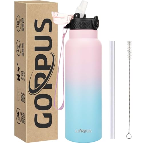 GOPPUS 750ml/24oz Edelstahl-Wasserflasche mit Strohhalm 0,75 Liter Heißwasserflasche Doppelwandige Stahlwasserflaschen Isolierte Wasserflaschen Auslaufsichere Kaltwasserflasche Erwachsene von GOPPUS