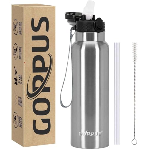 GOPPUS Edelstahl Trinkflasche-750ml mit Strohhalm,BPA frei,Kohlensäure Geeignet, Thermoskanne Vakuum Doppelwandisolierung für Sport, Reisen, Camping, Fitness von GOPPUS