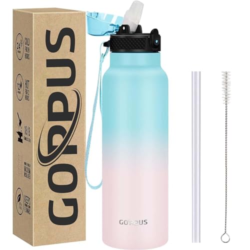 GOPPUS 750ml/24oz Edelstahl-Wasserflasche mit Strohhalm 0,75 Liter Heißwasserflasche Doppelwandige Stahlwasserflaschen Isolierte Wasserflaschen Auslaufsichere Kaltwasserflasche Erwachsene von GOPPUS