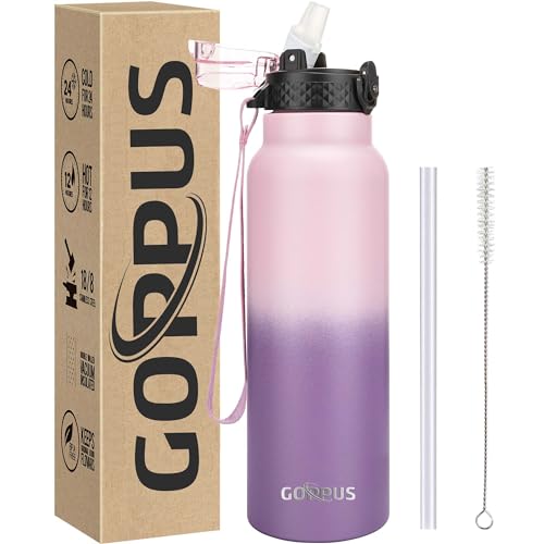 GOPPUS 750ml/24oz Edelstahl-Wasserflasche mit Strohhalm 0,75 Liter Heißwasserflasche Doppelwandige Stahlwasserflaschen Isolierte Wasserflaschen Auslaufsichere Kaltwasserflasche Erwachsene von GOPPUS