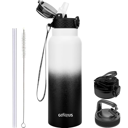 GOPPUS Edelstahl Trinkflasche-750ml mit Strohhalm & 3 Deckel,BPA frei, Kohlensäure Geeignet, Thermoskanne Vakuum Doppelwandisolierung für Sport, Reisen, Camping von GOPPUS