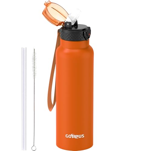 GOPPUS Edelstahl Trinkflasche-750ml mit Strohhalm,BPA frei,Kohlensäure Geeignet, Thermoskanne Vakuum Doppelwandisolierung für Sport, Reisen, Camping, Fitness von GOPPUS