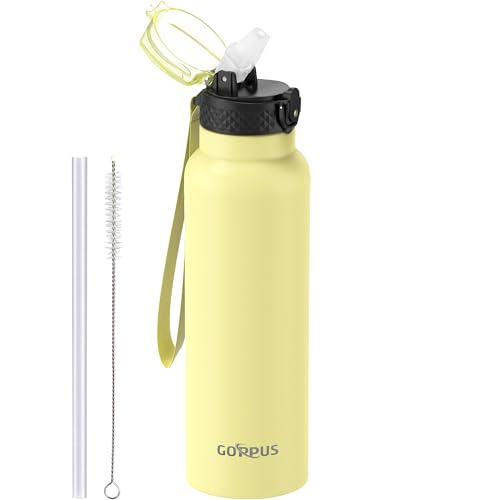 GOPPUS Edelstahl Trinkflasche-750ml mit Strohhalm,BPA frei,Kohlensäure Geeignet, Thermoskanne Vakuum Doppelwandisolierung für Sport, Reisen, Camping, Fitness von GOPPUS