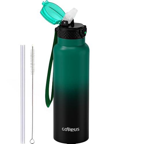 GOPPUS Edelstahl Trinkflasche-750ml mit Strohhalm,BPA frei,Kohlensäure Geeignet, Thermoskanne Vakuum Doppelwandisolierung für Sport, Reisen, Camping, Fitness von GOPPUS
