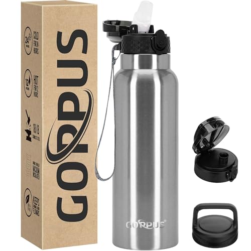 GOPPUS Edelstahl Trinkflasche-750ml mit Strohhalm & 3 Deckel,BPA frei, Kohlensäure Geeignet, Thermoskanne Vakuum Doppelwandisolierung für Sport, Reisen, Camping von GOPPUS