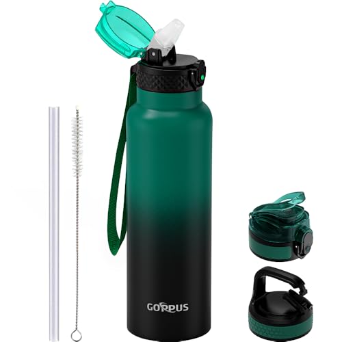 GOPPUS Edelstahl Trinkflasche-750ml mit Strohhalm & 3 Deckel,BPA frei, Kohlensäure Geeignet, Thermoskanne Vakuum Doppelwandisolierung für Sport, Reisen, Camping von GOPPUS