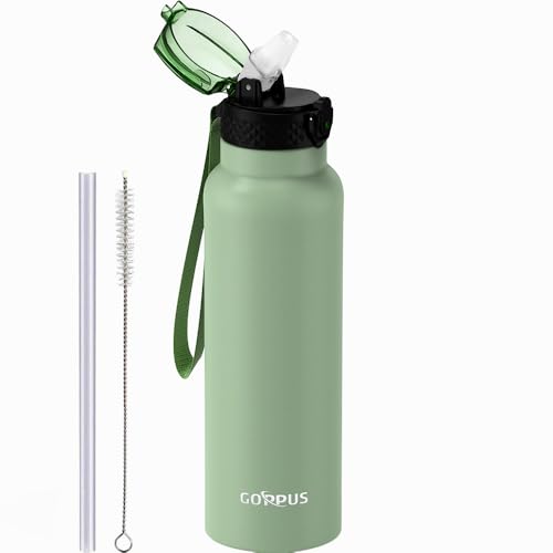 GOPPUS Edelstahl Trinkflasche-750ml mit Strohhalm,BPA frei,Kohlensäure Geeignet, Thermoskanne Vakuum Doppelwandisolierung für Sport, Reisen, Camping, Fitness von GOPPUS