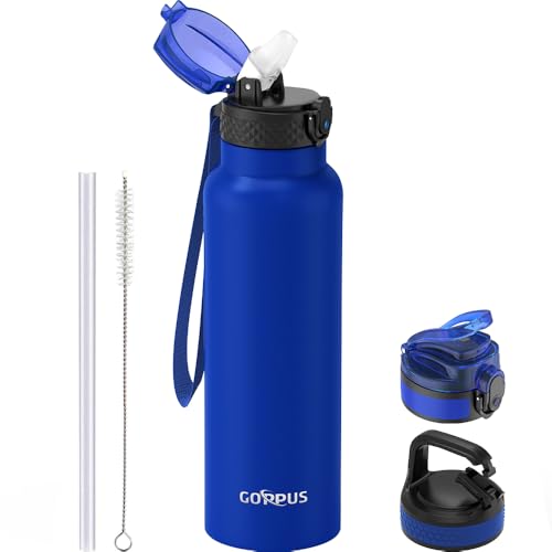 GOPPUS Edelstahl Trinkflasche-750ml mit Strohhalm & 3 Deckel,BPA frei, Kohlensäure Geeignet, Thermoskanne Vakuum Doppelwandisolierung für Sport, Reisen, Camping von GOPPUS