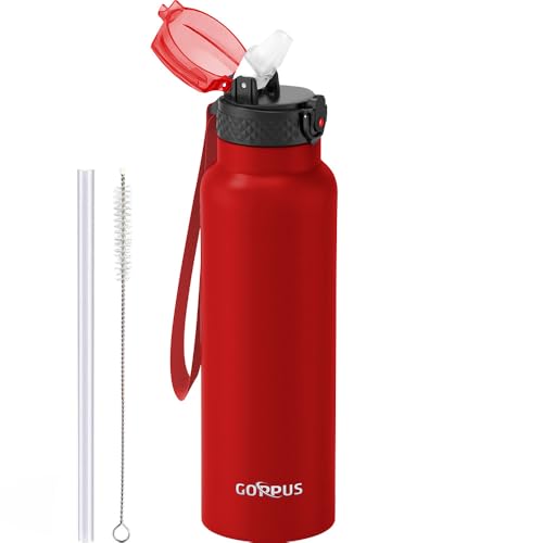 GOPPUS Edelstahl Trinkflasche-750ml mit Strohhalm,BPA frei,Kohlensäure Geeignet, Thermoskanne Vakuum Doppelwandisolierung für Sport, Reisen, Camping, Fitness von GOPPUS