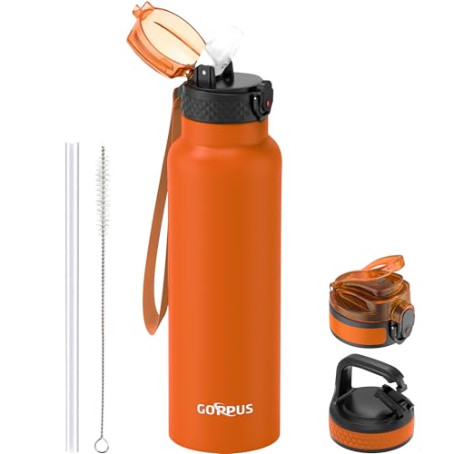 GOPPUS Edelstahl Trinkflasche-750ml mit Strohhalm & 3 Deckel,BPA frei, Kohlensäure Geeignet, Thermoskanne Vakuum Doppelwandisolierung für Sport, Reisen, Camping von GOPPUS