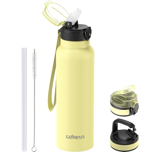 GOPPUS 750ml/24oz Edelstahl-Wasserflasche mit Strohhalm 0,75 Liter Heißwasserflasche Doppelwandige Stahlwasserflaschen Isolierte Wasserflaschen Auslaufsichere Kaltwasserflasche Erwachsene von GOPPUS