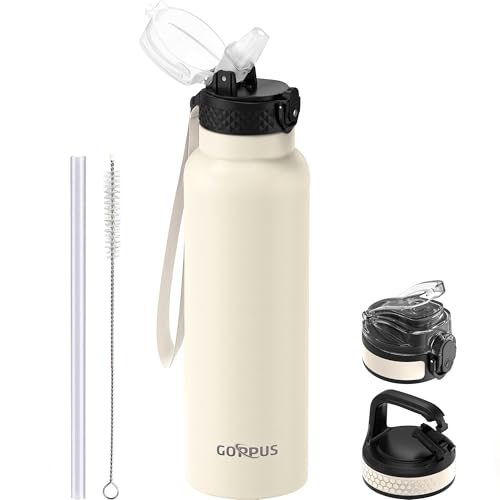 GOPPUS 750ml/24oz Edelstahl-Wasserflasche mit Strohhalm 0,75 Liter Heißwasserflasche Doppelwandige Stahlwasserflaschen Isolierte Wasserflaschen Auslaufsichere Kaltwasserflasche Erwachsene von GOPPUS