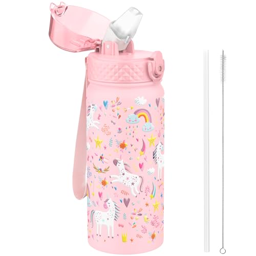 GOPPUS 550ml/18oz Kinder Trinkflasche Edelstahl mit Strohhalm Auslaufsicher Kanteen Schule Kohlensäure Geeignet Wasserflasche Kindergarten Kleinkind Flasche Isolierflasche Jungen Mädchen bpa-frei von GOPPUS