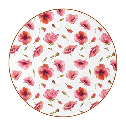 Runde Untersetzer, Blumen von Mohnblumen, Leder, Möbelschutzpolster, Isolationsuntersetzer, Platzsets für Heimdekoration, Arten von Tassen und Tassen, 6 Stück von GORDESC