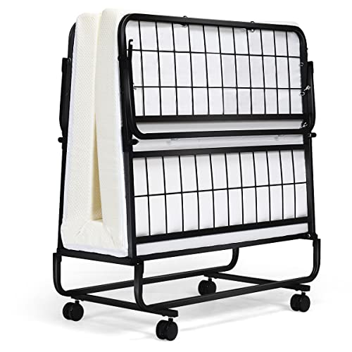 GORELAX Klappbett mit Matratze für Erwachsene, kleines tragbares Bett-Set mit Metallrahmen und 10,2 cm Memory-Schaum-Matratze, faltbares Schlafbett auf feststellbaren Rädern, Roll-Ablagebett von GORELAX