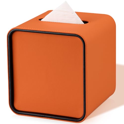 GORESE Taschentuchbox,Leder Quadratische Kosmetiktücherbox Papiertaschentuchhalter Taschentuchspender Tücherbox Tissue Box für Büro, Zuhause, Auto, Badezimmer(Orange) von GORESE