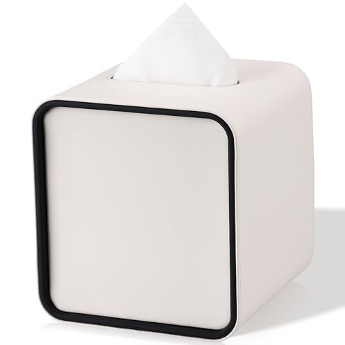 GORESE Taschentuchbox,Leder Quadratische Kosmetiktücherbox Papiertaschentuchhalter Taschentuchspender Tücherbox Tissue Box für Büro, Zuhause, Auto, Badezimmer(Weiß) von GORESE