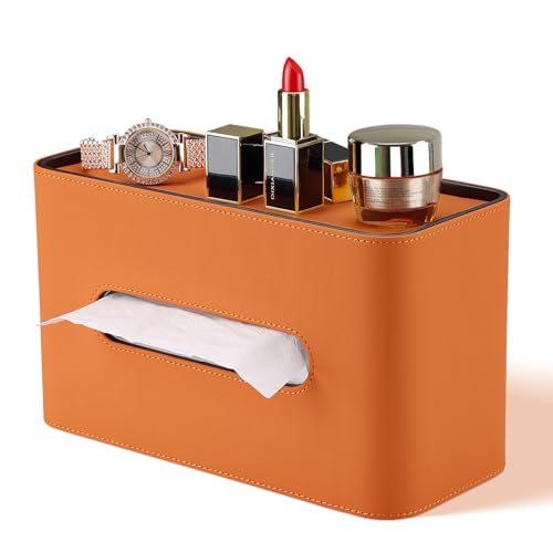 GORESE Taschentuchbox,Leder Rechteckige Kosmetiktücherbox Papiertaschentuchhalter Taschentuchspender Tücherbox Tissue Box für Büro, Zuhause, Auto, Badezimmer(Orange) von GORESE