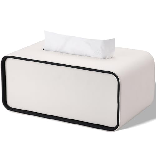 GORESE Taschentuchbox,Leder Rechteckige Kosmetiktücherbox Papiertaschentuchhalter Taschentuchspender Tücherbox Tissue Box für Büro, Zuhause, Auto, Badezimmer(Weiß) von GORESE