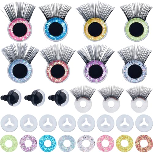 GORGECRAFT 1 Box 16Stk 8 Farben Sicherheitsaugen Kunststoff Glitzer Tierpuppe 3D Augen Mit Wimpern Und Unterlegscheiben Puppenherstellungszubehör Für Hunde Teddybären Häkelpuppen Plüschtiere 14 mm von GORGECRAFT