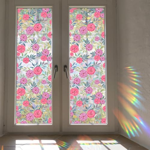 GORGECRAFT 100x43cm Blumen Sichtschutzfolie Sonnenschutz Fenster Sichtschutzfolie Reflektierend Nicht Klebend Regenbogen Wiederverwendbar Glashaftung UV Beständig Buntglas Dekorative 3D Aufkleber Für von GORGECRAFT