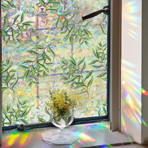 GORGECRAFT 100x43cm Große Sichtschutzfolie Für Buntglasfenster Mit Botanischen Blättern 3D Regenbogen Dekorative Fensteraufkleber Nicht Klebend Wärmeregulierung UV Blockierende Fensteraufkleber Für Zi von GORGECRAFT