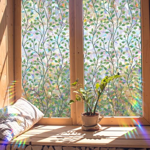 GORGECRAFT 100x43cm Große Sichtschutzfolie Für Fenster Mit Pflanzenblättern In Regenbogenfarben 3D Milchglas Buntglas Dekorative Fensterfolie Nicht Klebend Statisch UV Beständig Wiederverwendbarer Son von GORGECRAFT