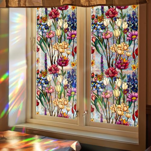GORGECRAFT 100x43cm Große Sichtschutzfolie Für Glastüren Und Buntglasfenster Wildblumen Regenbogenmotiv Dekorative Wärmeregulierungs Fensteraufkleber 3D Statische Sonnenblockierende Nicht Klebende Fen von GORGECRAFT