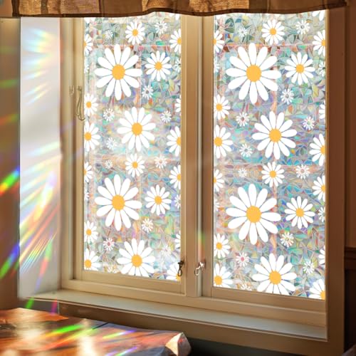 GORGECRAFT 100x43cm Regenbogen Sichtschutzfolie Für Fenster Gänseblümchen 3D Statische Blumen Glas Haftfolie Kunststoff Nicht Klebend Wiederverwendbar Buntglas Prisma Fensteraufkleber Sonnenschutz Gla von GORGECRAFT