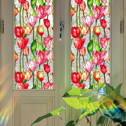 GORGECRAFT 100x43cm Tulpen Sichtschutzfolie Sonnenschutz Sichtschutzfolie Für Fenster Blumen Reflektierend Nicht Klebend Regenbogen Wiederverwendbare Glashaftung UV Beständig Buntglas Dekorative 3D Au von GORGECRAFT