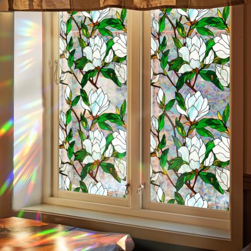 GORGECRAFT 100x43cm Weiße Blume Regenbogen Fenster Sichtschutz Fensterfolie 3D Buntglas Fensterfolie Dekorative Sonnenschutzfolie Statische UV Beständige Aufkleber Nicht Klebend Wiederverwendbarer Auf von GORGECRAFT