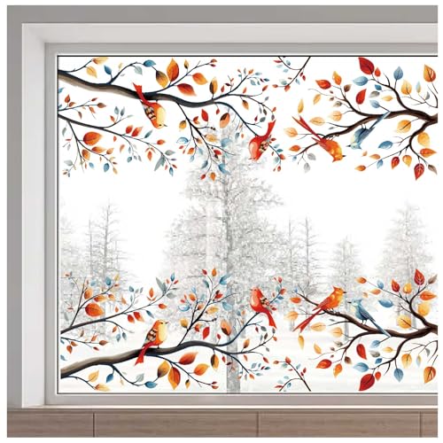 GORGECRAFT 116x38cm Großer Fensteraufkleber Mit Vogelmotiv In Form Eines Baumasts Frühling Sommer Kardinal Rotkehlchen Blauvogel Fensterdekoration Doppelseitige Transparente Statische Fensteraufkleber von GORGECRAFT