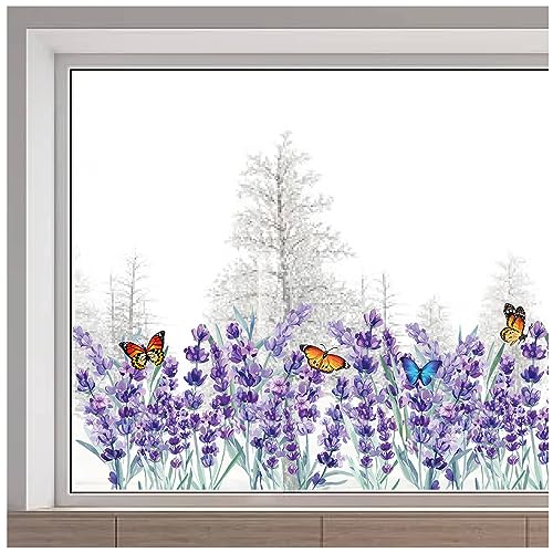 GORGECRAFT 118 x 39 cm Lavendel Fenster haftet Sommer Lila Blumen Gras Schmetterling Statische Fenster Aufkleber Nicht Klebende Doppelseitiger Transparent Gebeizt Fensteraufkleber für Glas Schiebetür von GORGECRAFT