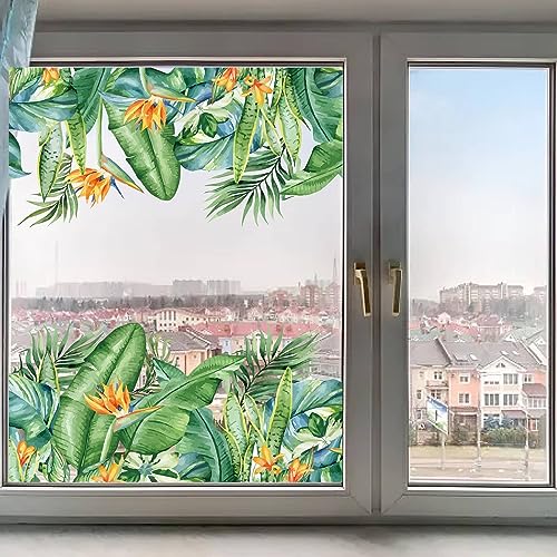 GORGECRAFT 118x39cm Große Bananenblätter-Fensteraufkleber Tropische Pflanze Grüne Blätter Blumen Fensteraufkleber Doppelseitig Nicht Klebend Statisch Transparent Fensteraufkleber Glasschiebetüren von GORGECRAFT