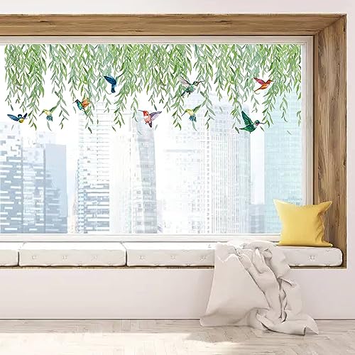 GORGECRAFT 118x39cm Große Fensteraufkleber Aus Korbgeflecht Grüne Blätter Hängende Ranke Kolibri Fensteraufkleber Doppelseitig Transparent Statisch Fensteraufkleber Glasschiebetür-Dekoration von GORGECRAFT