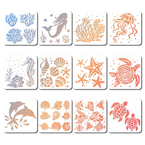GORGECRAFT 12 Stile 18x18cm Meeresbewohner-Schablonen Quadratische Malvorlage Korallenschale Muschel Meeresschildkröte Seestern Tropischer Fisch Wiederverwendbar Sommer-Ozean-Thema Zeichenschablone von GORGECRAFT