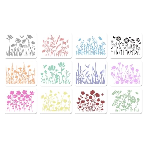 GORGECRAFT 12 Stile Wildblumen-Schablonen Kunststoff Hortensien-Lilien-Blumen-Schablone Frühlingsblumen Wiederverwendbare Feldrosen-Vorlagen Zeichnen Feldpflanzen-Schablone Heimwerker Malerei von GORGECRAFT