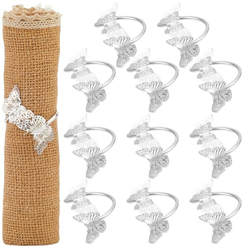 GORGECRAFT 12 Stück Silberner Schmetterlings Serviettenring Aus Metall Und Eisen Hohl Doppelte Schmetterlinge Serviettenschnallen Tischdekoration Serviettenhalterringe Für Valentinstag Veranstaltung von GORGECRAFT