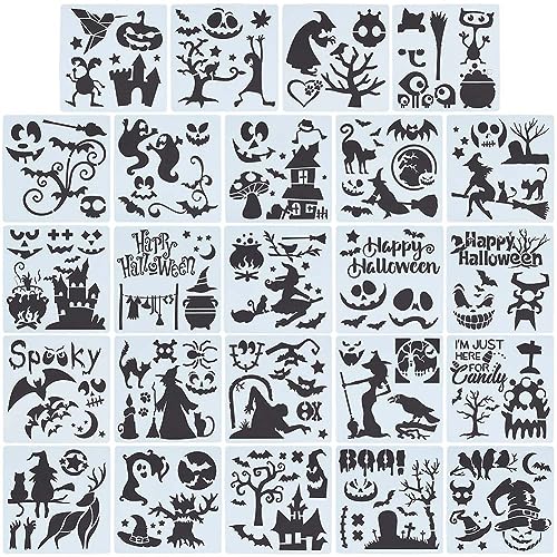 GORGECRAFT 15cm 24 Stile Hexen-Schablonen Wiederverwendbar Malerei Halloween-Schablone Kunststoff-Zeichenvorlagen DIY Dekorative Kürbisse Geister Fledermäuse Schwarze Katze Vorlage Basteln von GORGECRAFT